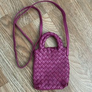 Free People Woven Hearts Crossbody Bag Purse Small Pink Woven Leather NWOT